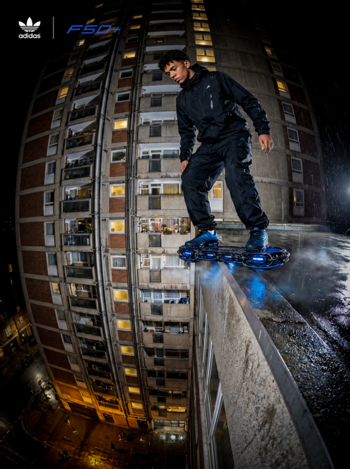 F50+ urban world shot with athlete balancing above the city