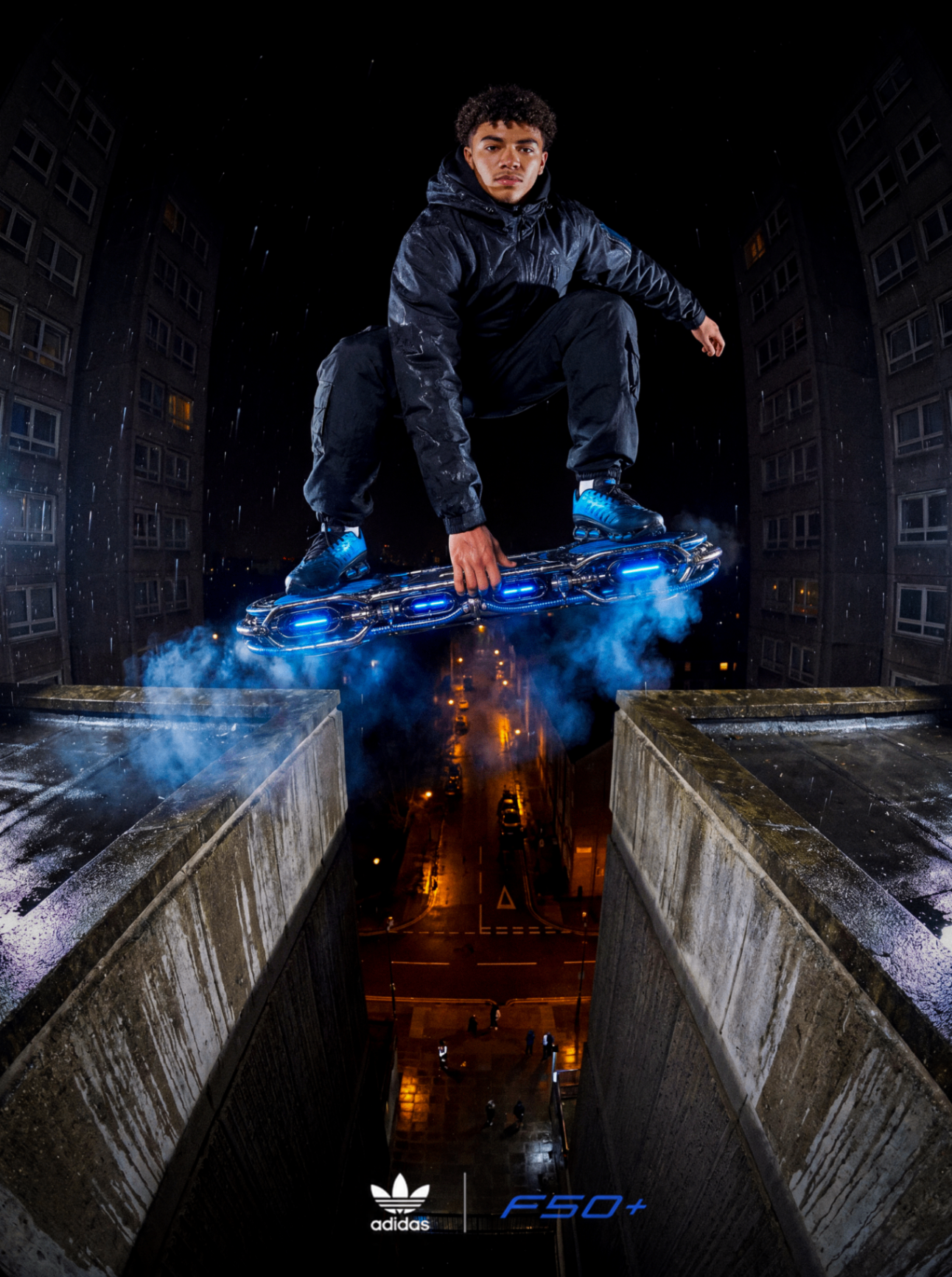 F50+ grab trick shot between rooftops