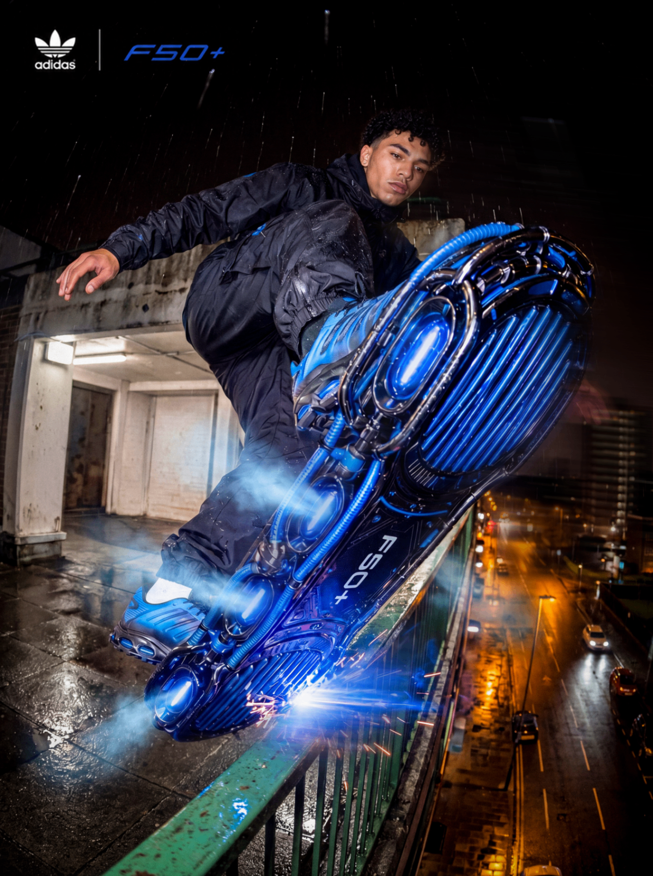 F50+ grind shot with the product sparking on a rail